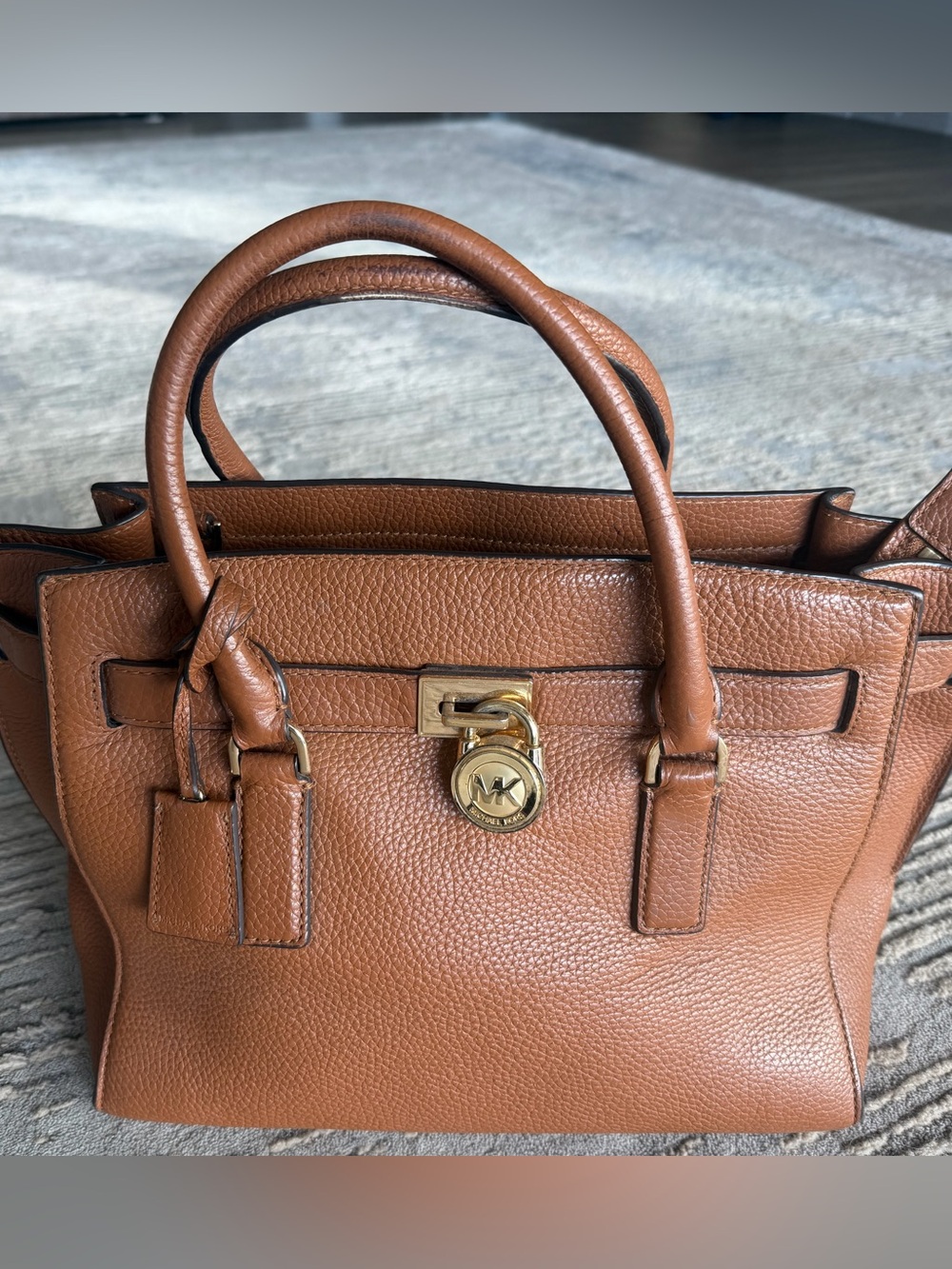 Michael Kors Brown Leather Satchel with Signature MK Charm - cognac Hamilton